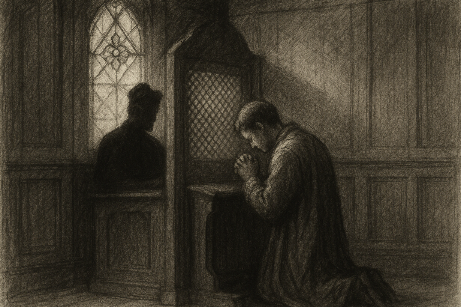 A reverent Catholic confessional scene with a priest and penitent in prayer