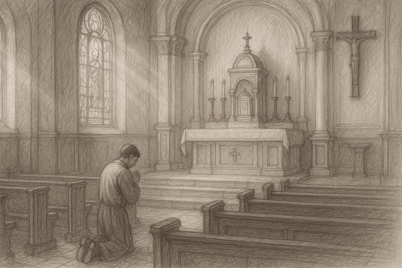 A Catholic kneeler in quiet prayer after Mass before the tabernacle in a reverent church interior