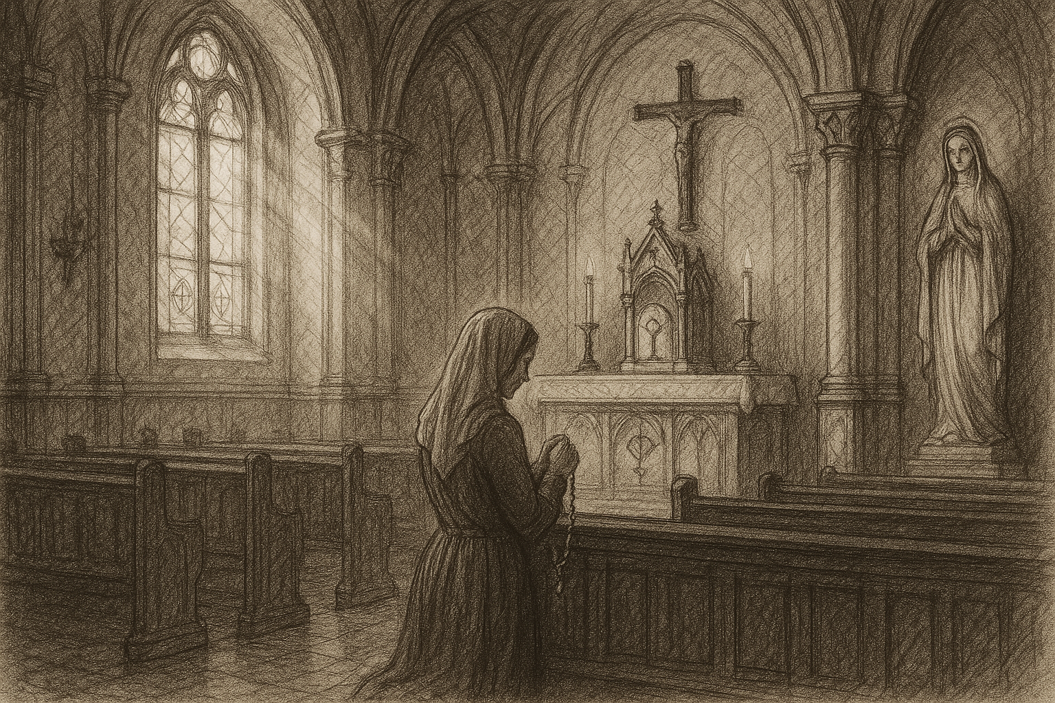 Sketch-style scene of a Catholic praying the Rosary in a quiet church on First Saturday before the Blessed Virgin Mary