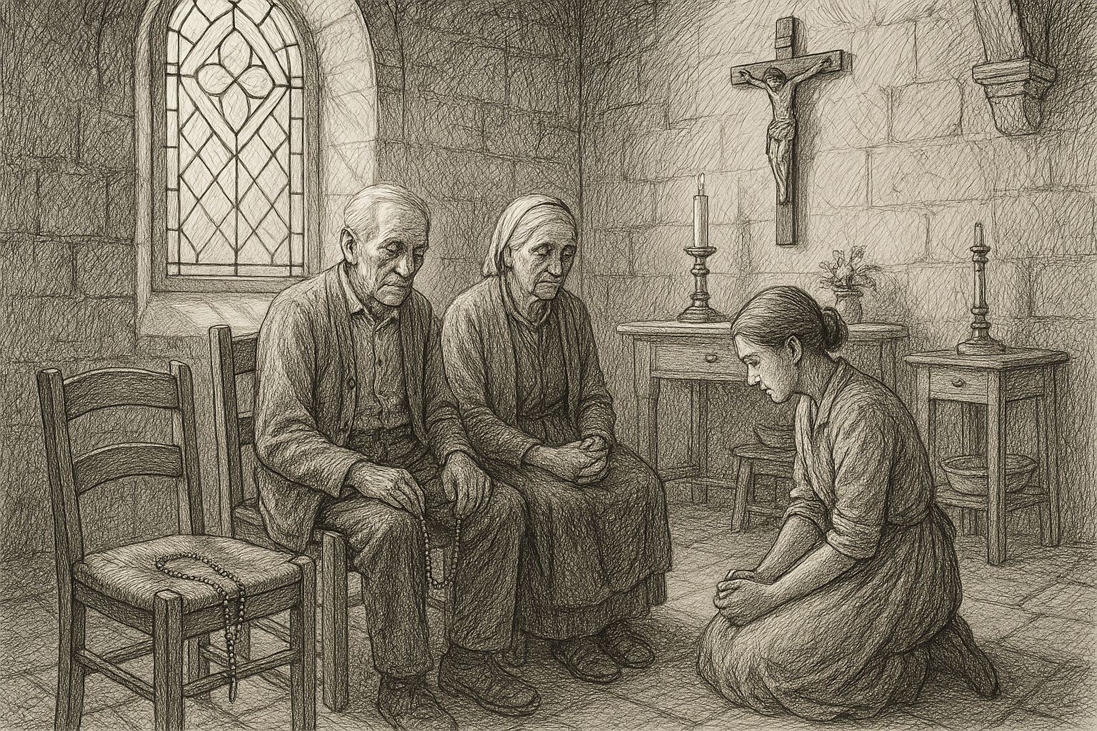 Reverent sketch of a caregiver with elderly adults in a chapel