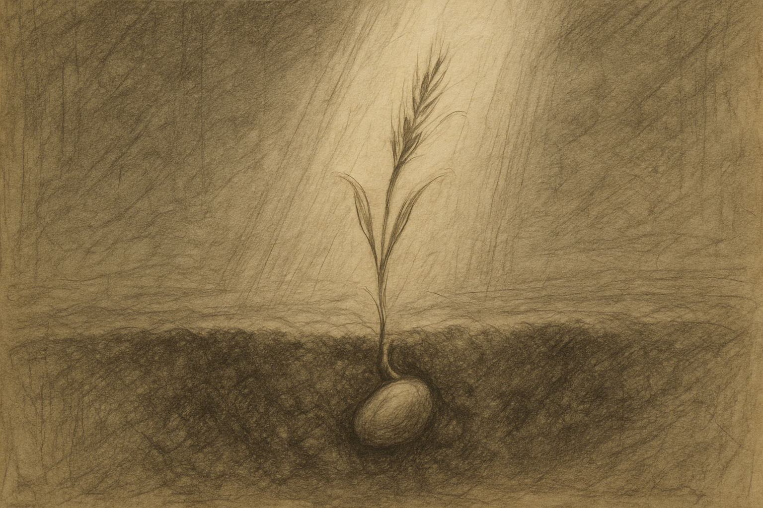 Sketch-style image of a seed quietly growing in soil under soft light, symbolizing the hidden growth of God's Kingdom