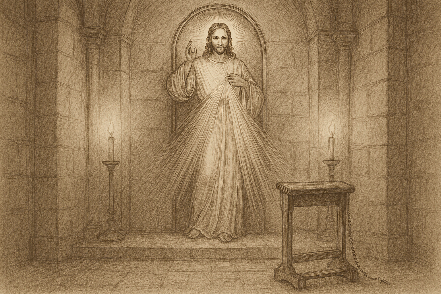 Sketch style sacred image of Jesus of Divine Mercy with rays of mercy in a church setting