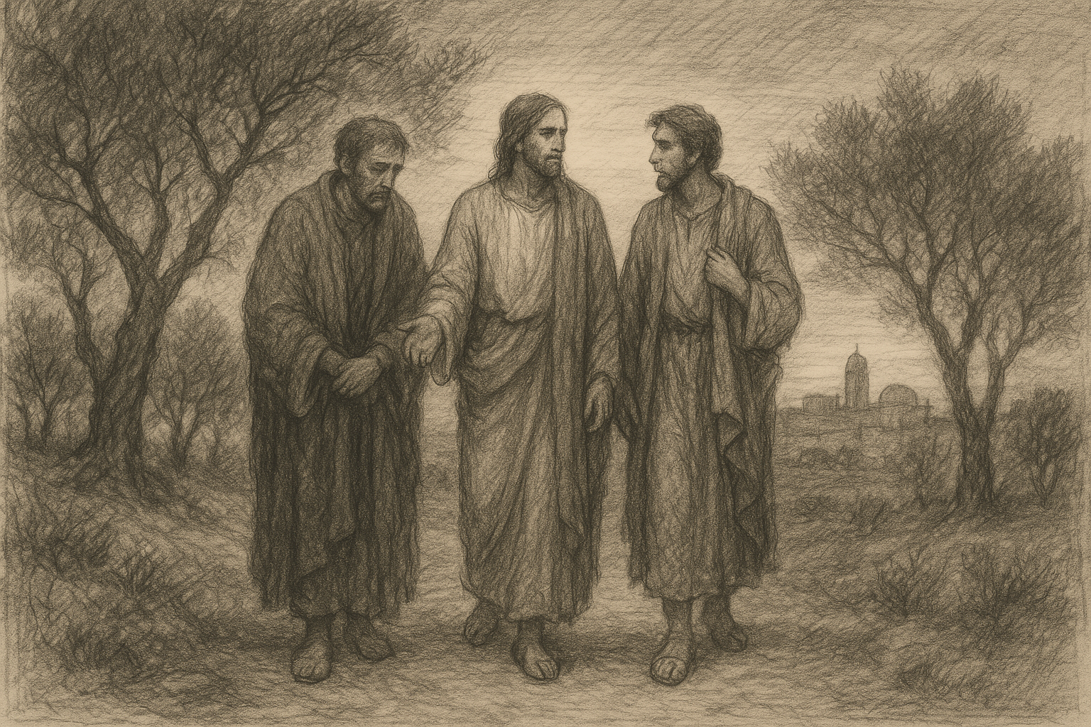 Sketch-style biblical scene of the risen Jesus walking with two disciples on the road to Emmaus at dusk