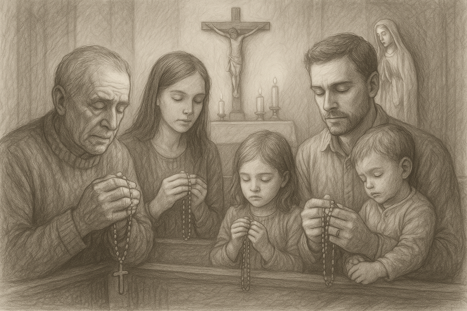 Catholics praying the Rosary in a quiet chapel with a crucifix and candlelight