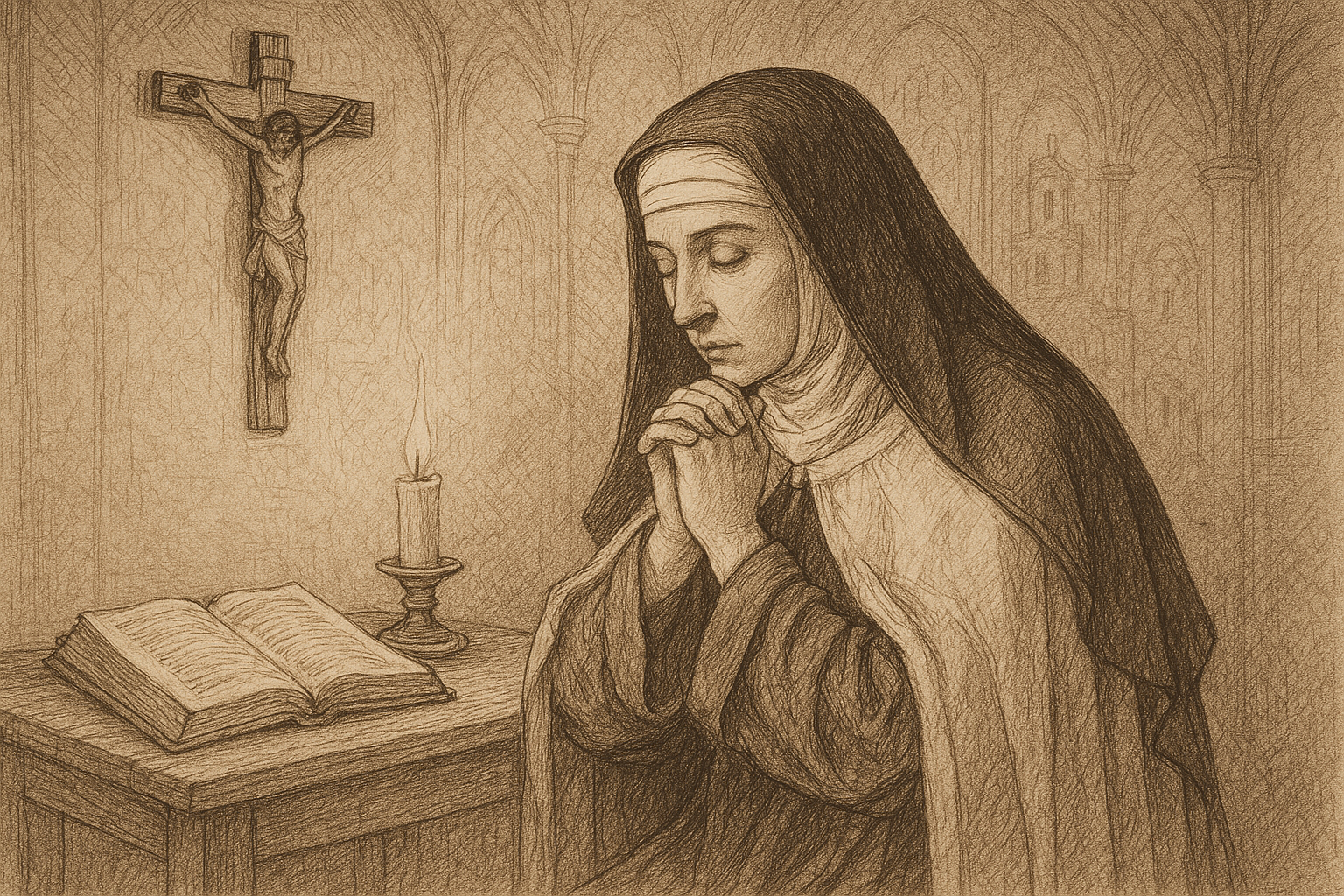 Sketch style image of St. Teresa of Avila praying in a Carmelite cell with a crucifix and candlelight