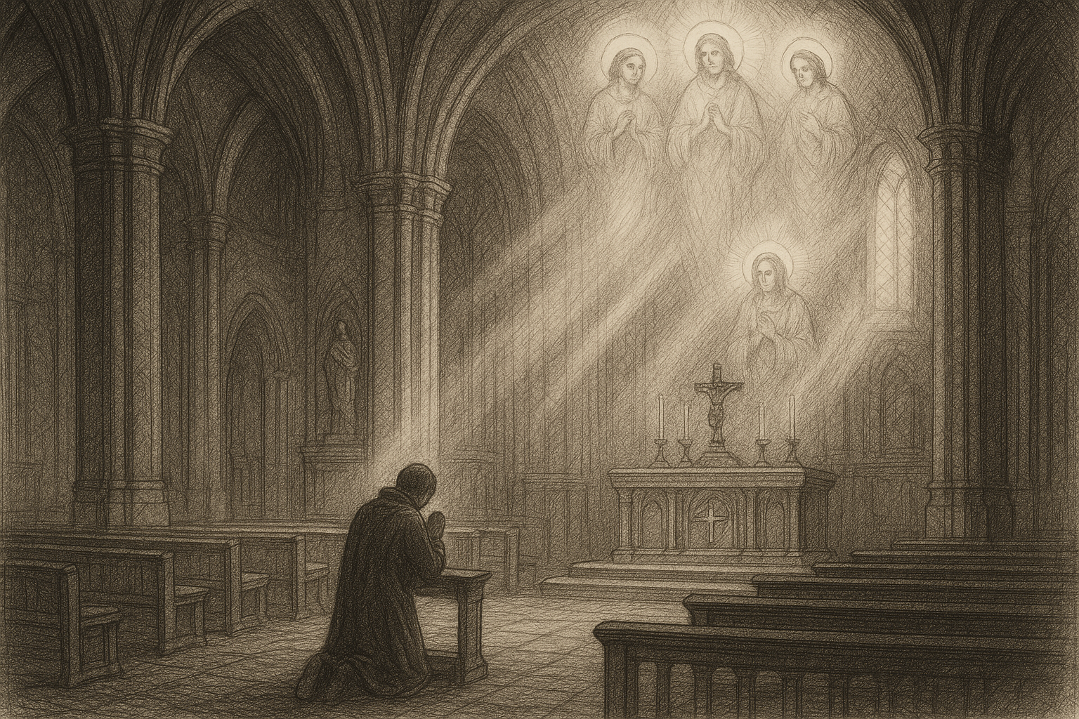 Sketch-style Catholic prayer scene with saints in heavenly light above a kneeling believer