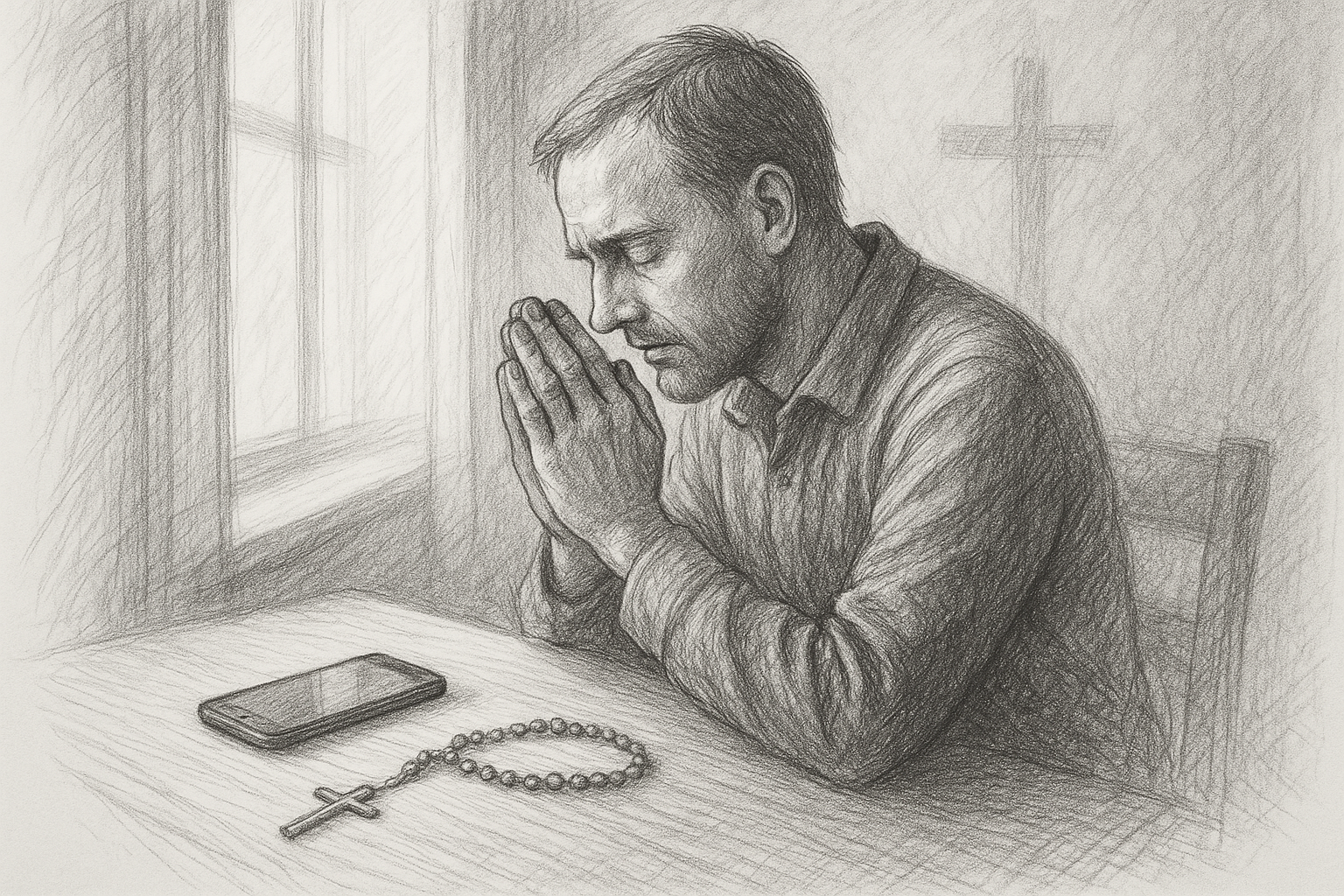 A Catholic in prayer beside a smartphone and rosary, reflecting on social media with discernment