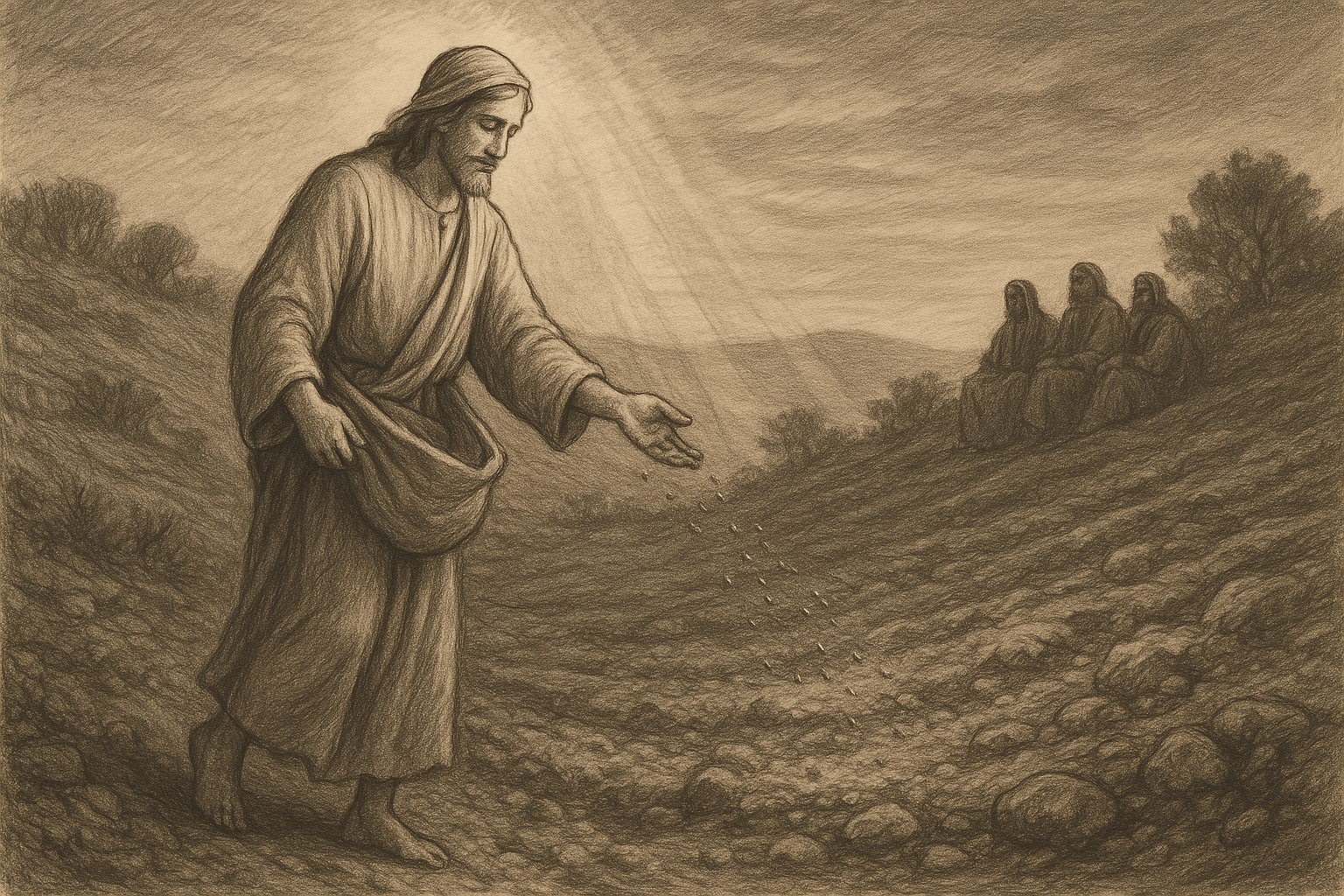 Sketch-style depiction of Jesus teaching the parable of the sower on a hillside