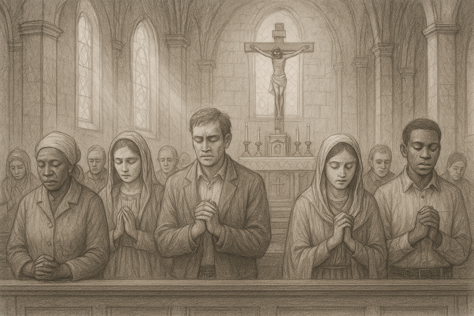 Sketch-style depiction of diverse Catholics praying together before the altar in a sacred church setting