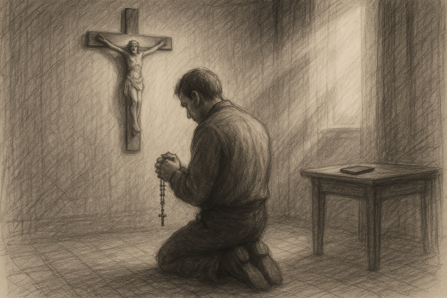 A reverent sketch of a person praying with a rosary beside a closed phone, symbolizing healing and purity