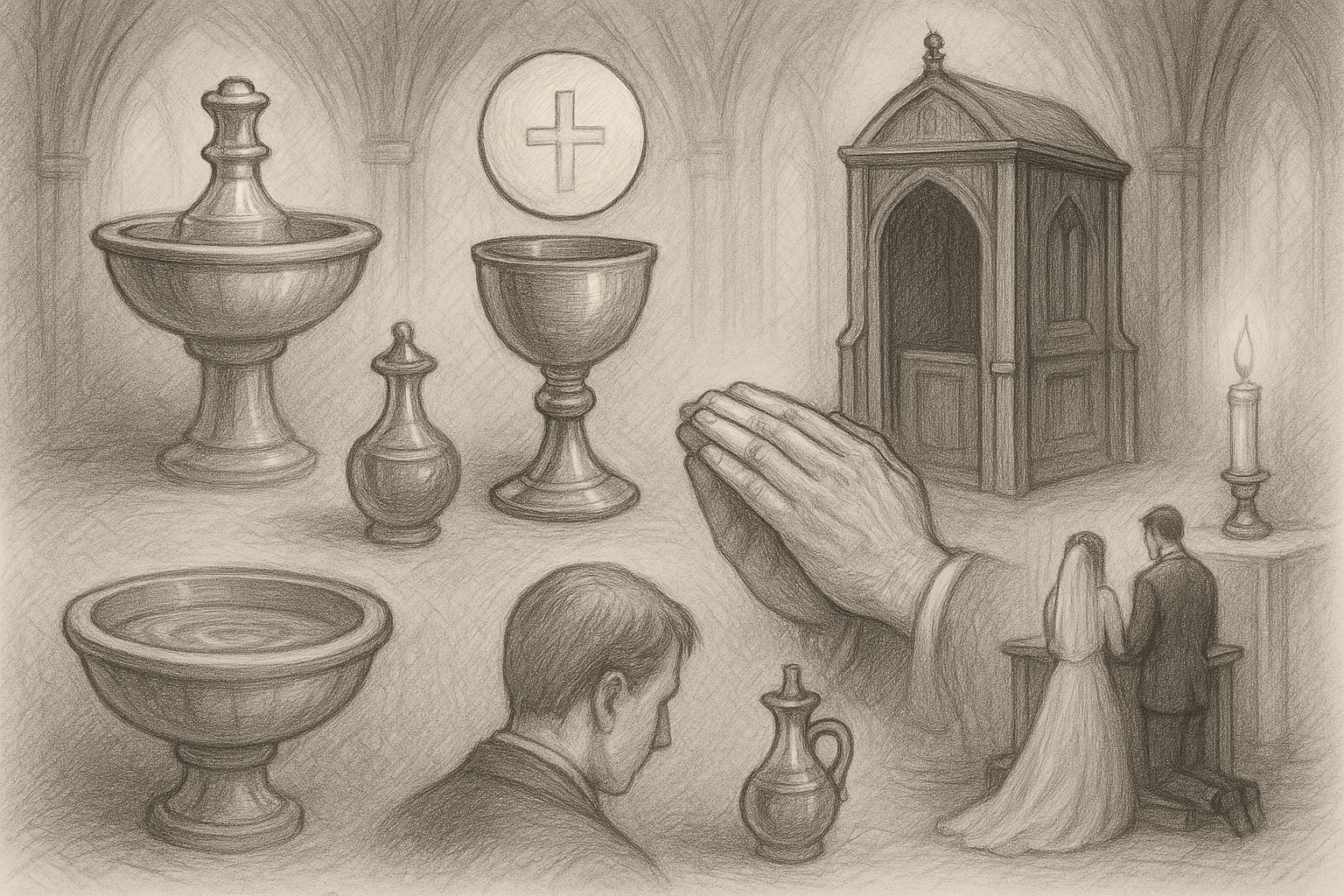 Sketch-style sacred illustration of the seven sacraments in Catholic life