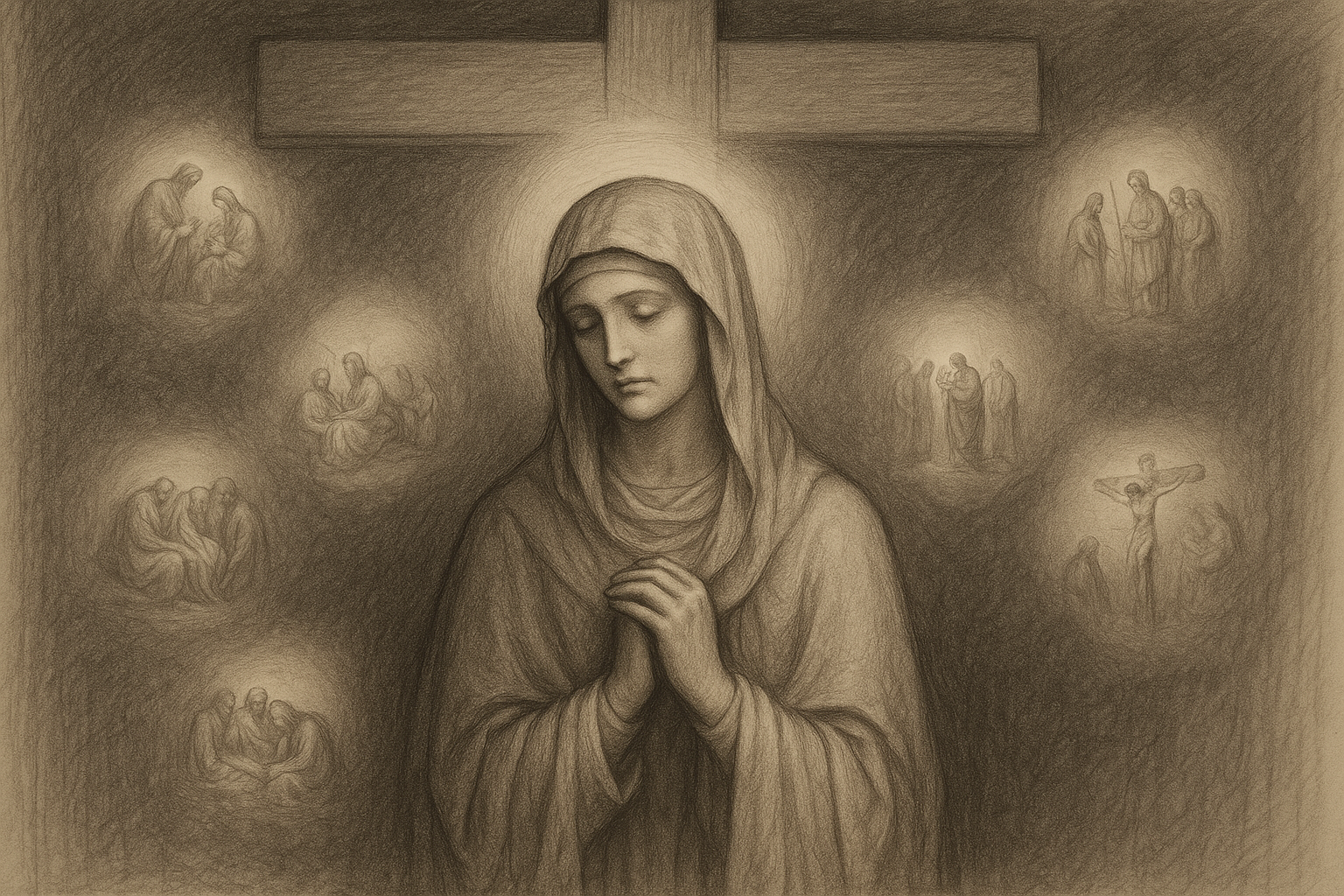 Sketch-style sacred illustration of the Blessed Virgin Mary beneath the cross, surrounded by symbols of her seven sorrows