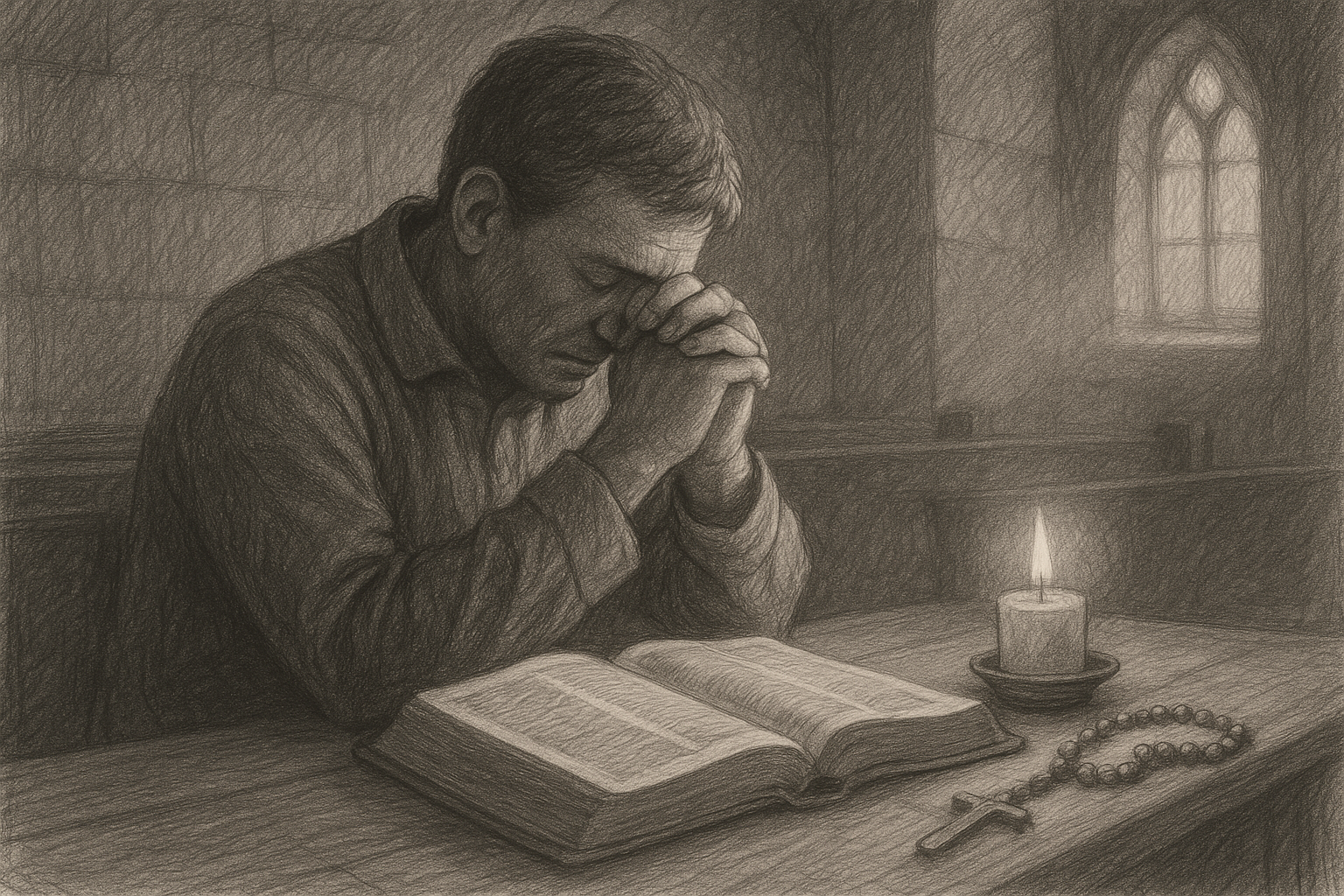 A Catholic believer praying slowly with an open Bible and candle in a quiet sacred setting