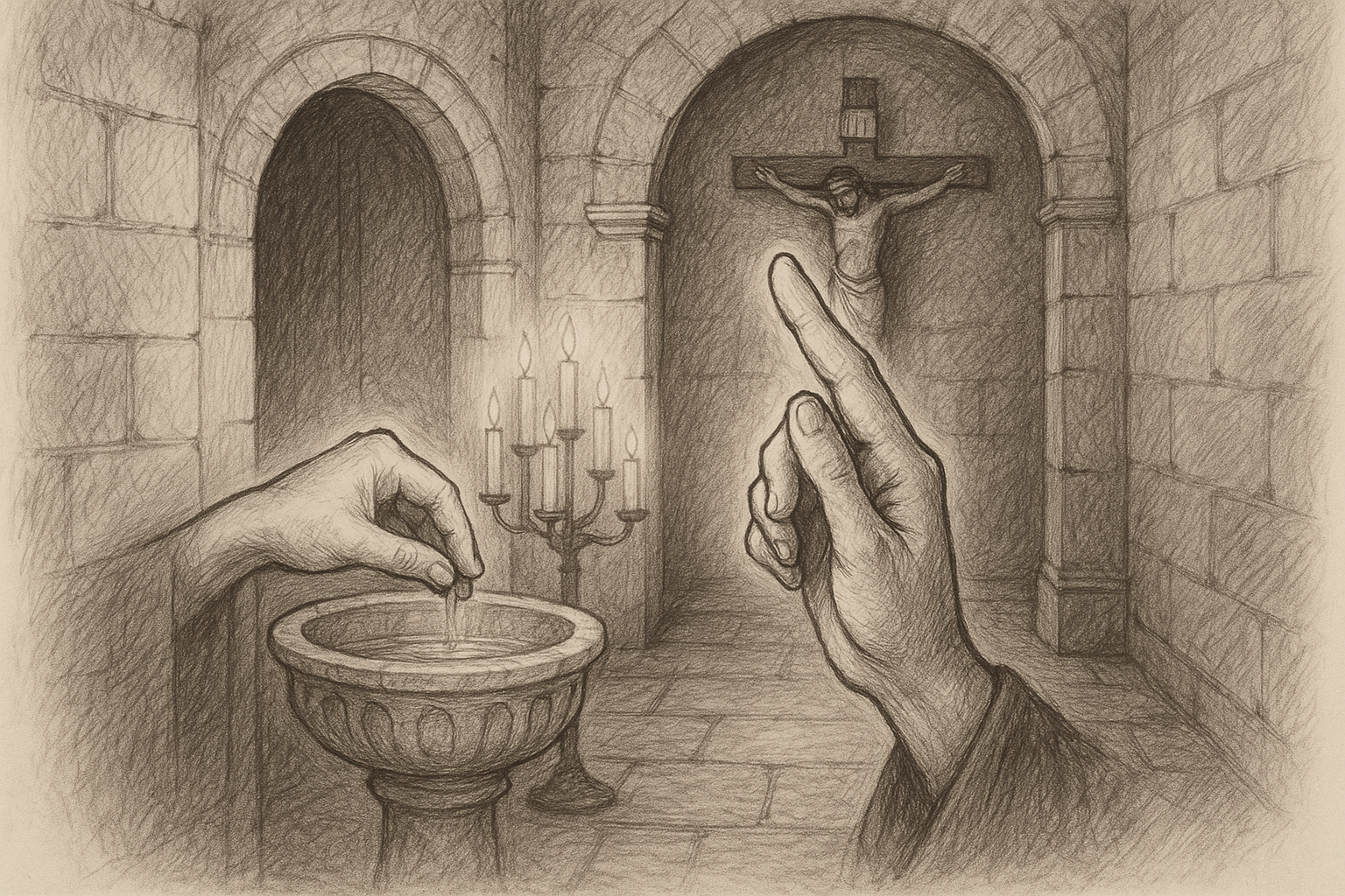 A Catholic making the sign of the cross with holy water at a church entrance