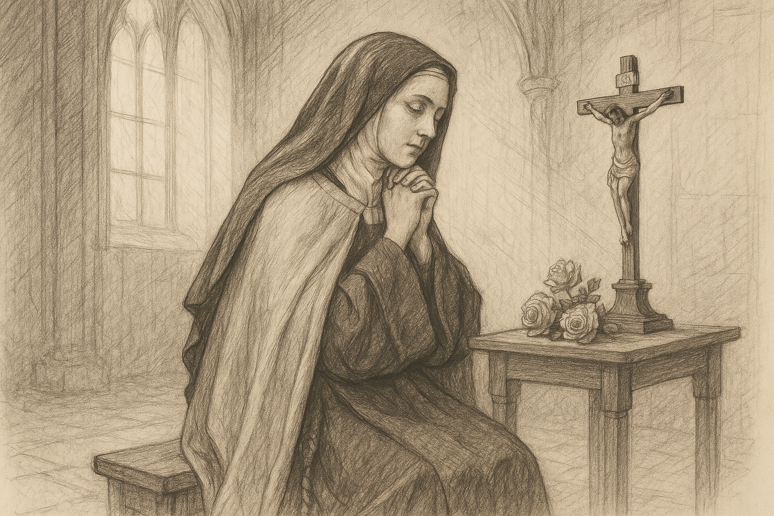 St. Therese of Lisieux praying in a Carmelite chapel with roses and a crucifix