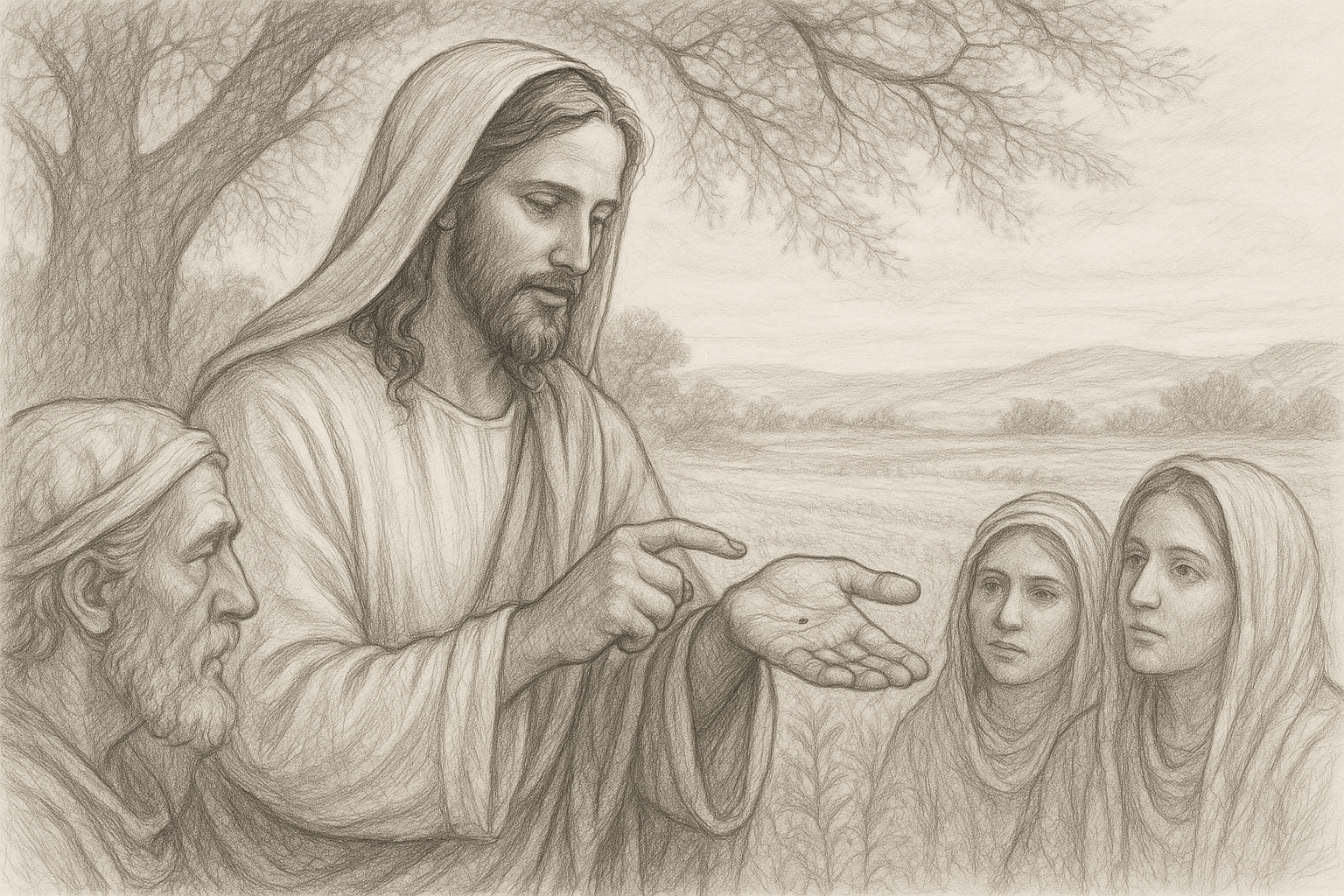 Black and white sketch of Jesus teaching the mustard seed parable beside a field