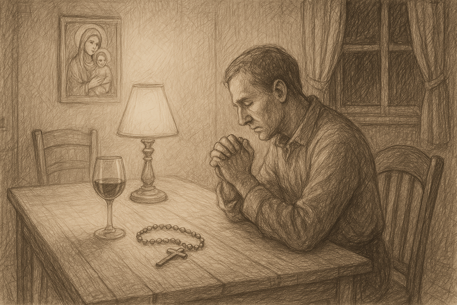 Sketch-style image of a quiet Catholic table with a glass of wine, rosary, and warm lamplight