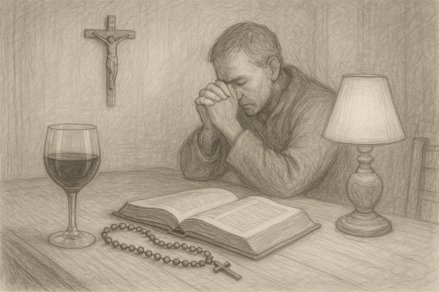 A reverent Catholic scene with a Bible, rosary, and an untouched glass of wine beside a praying figure
