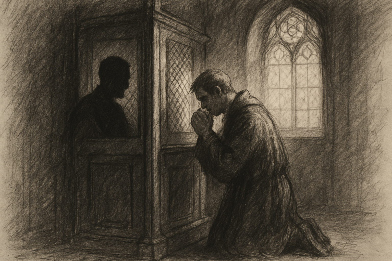 Sketch-style image of a penitent kneeling in a Catholic confessional with soft sacred light