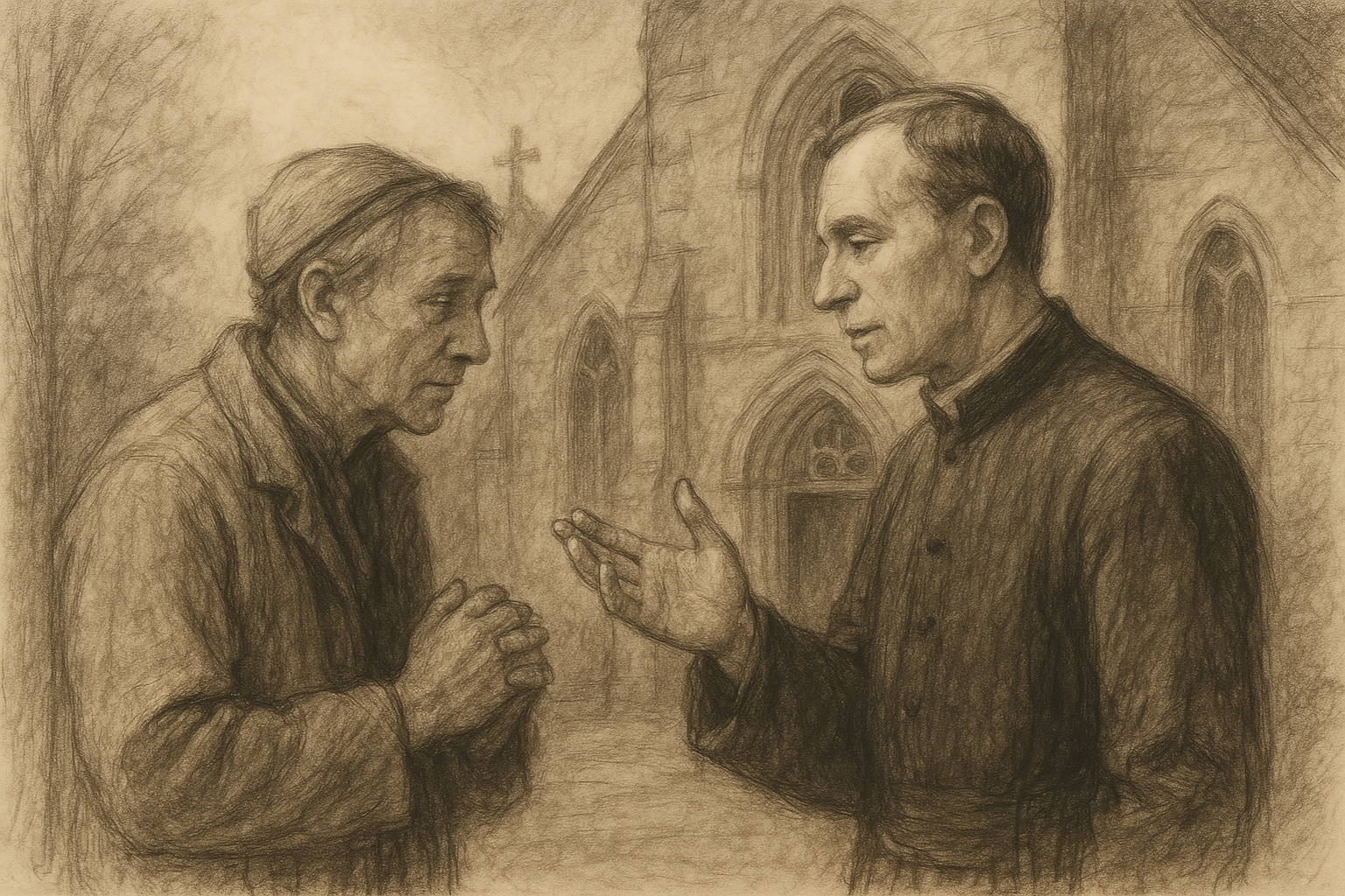 Two Catholics in calm public disagreement outside a church, speaking with dignity and charity