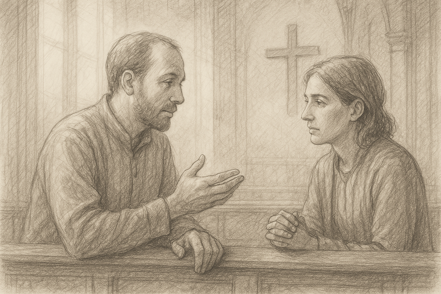 Two adults in respectful public disagreement, listening with charity in a reverent Catholic setting