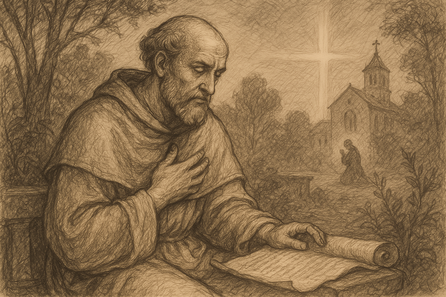 Reverent sketch of St. Augustine in prayerful conversion with Scripture open nearby