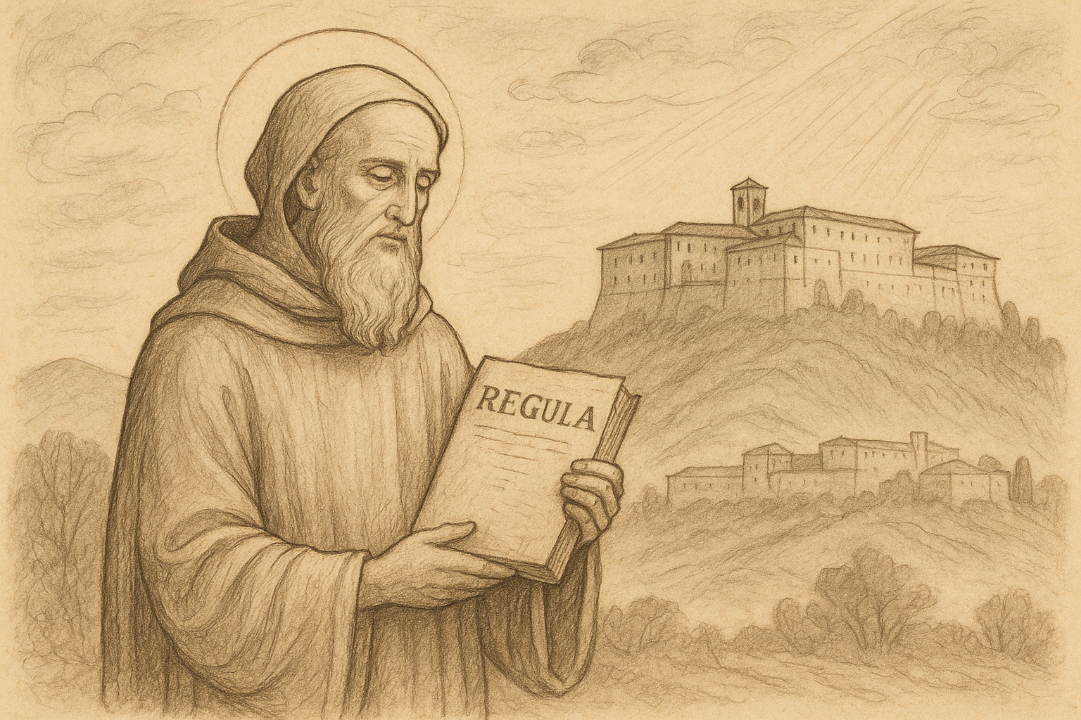 Sketch-style depiction of St. Benedict holding his Rule before a monastery at dawn