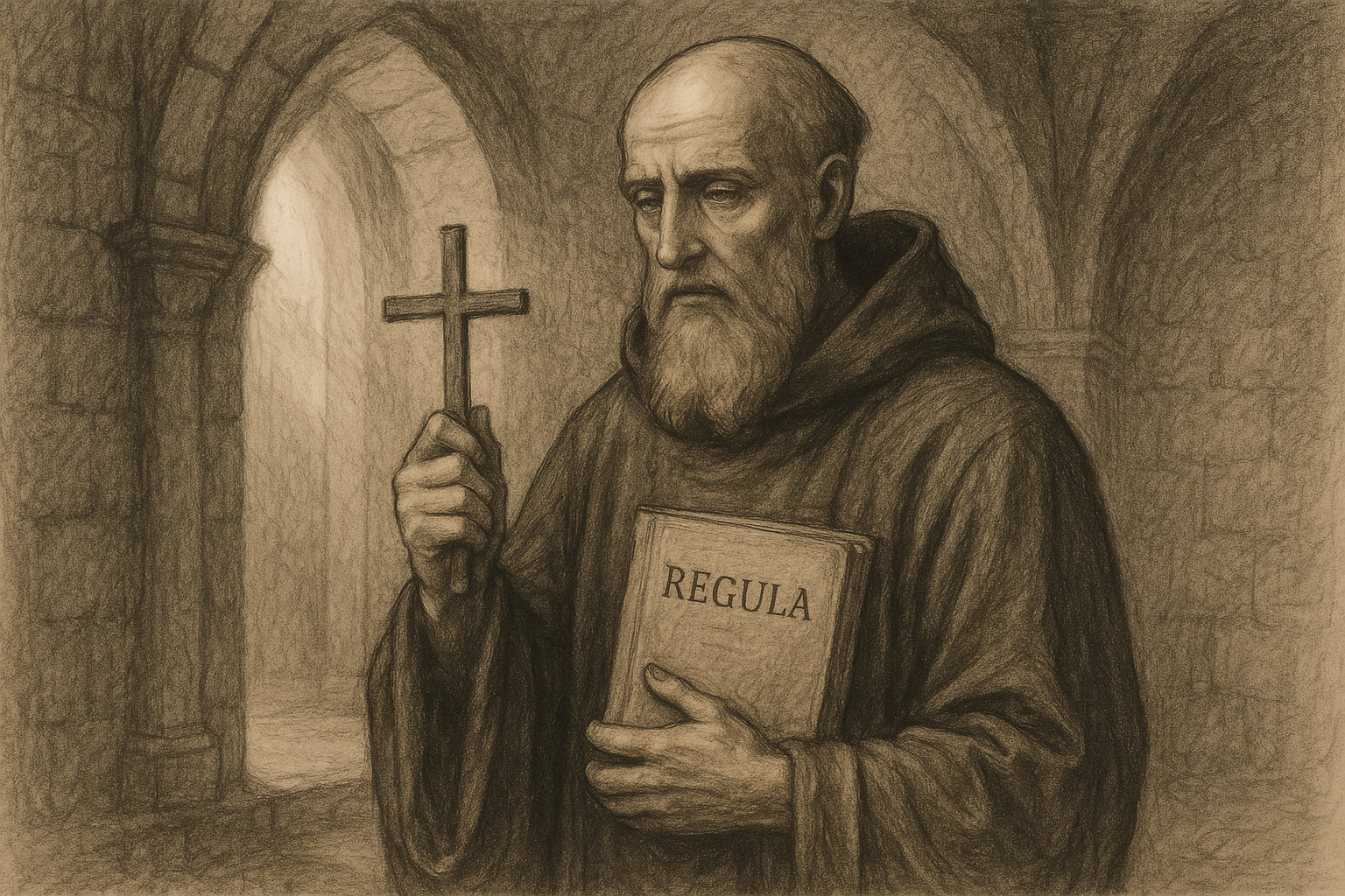 Sketch-style depiction of St. Benedict in a monastery holding the Rule and a cross