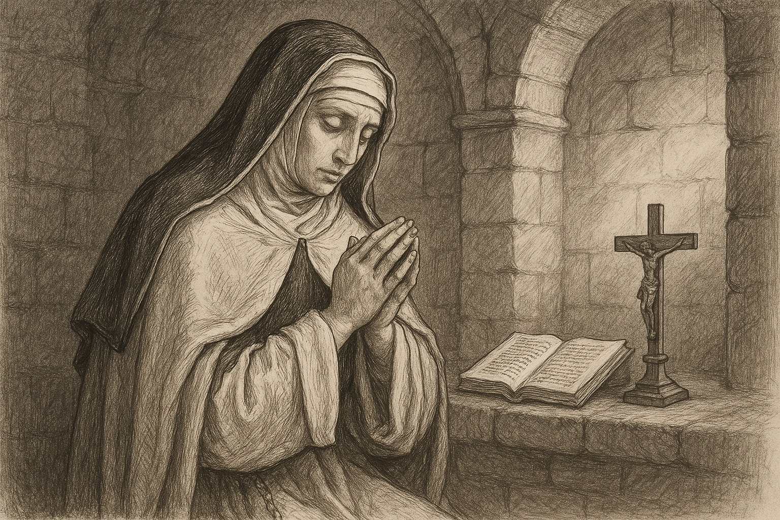 Sketch-style illustration of St. Catherine of Siena in prayer with a crucifix and manuscript