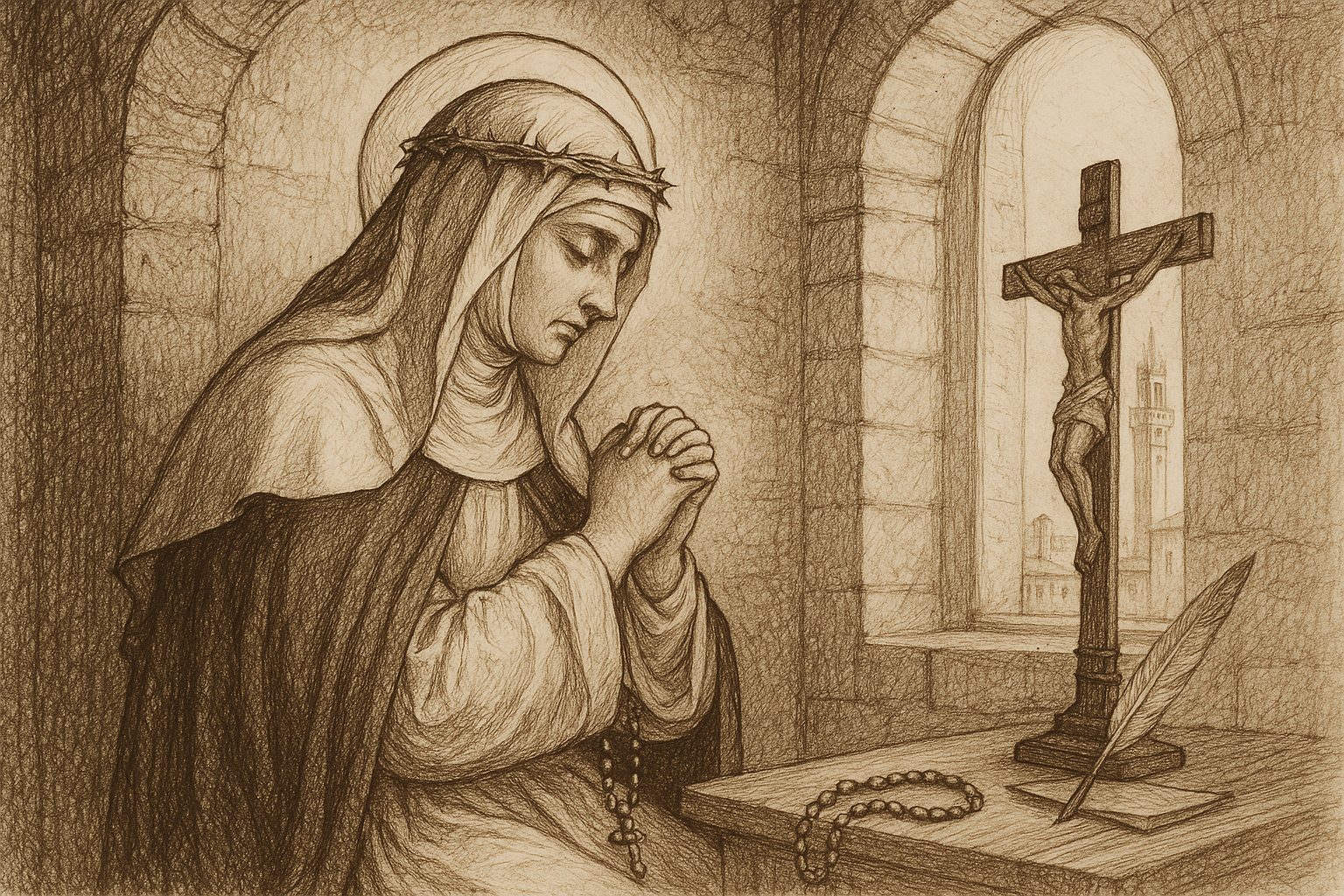 Sketch-style depiction of St. Catherine of Siena in prayer with a crucifix and writing quill