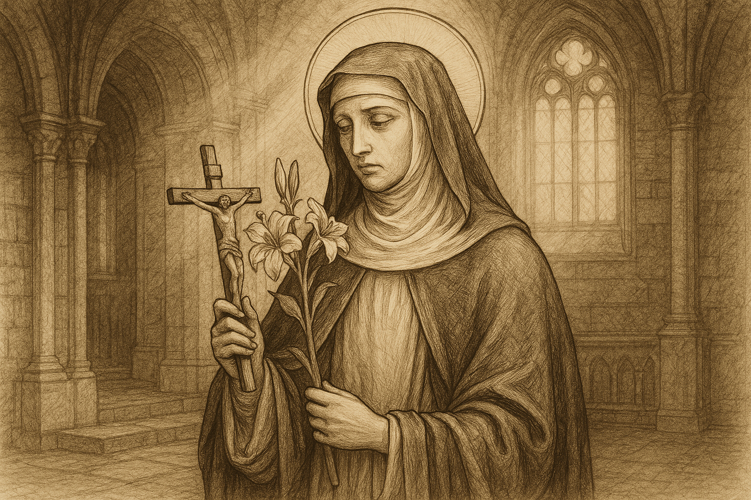 Sketch-style image of St. Catherine of Siena in prayer with a crucifix and lily inside a softly lit church
