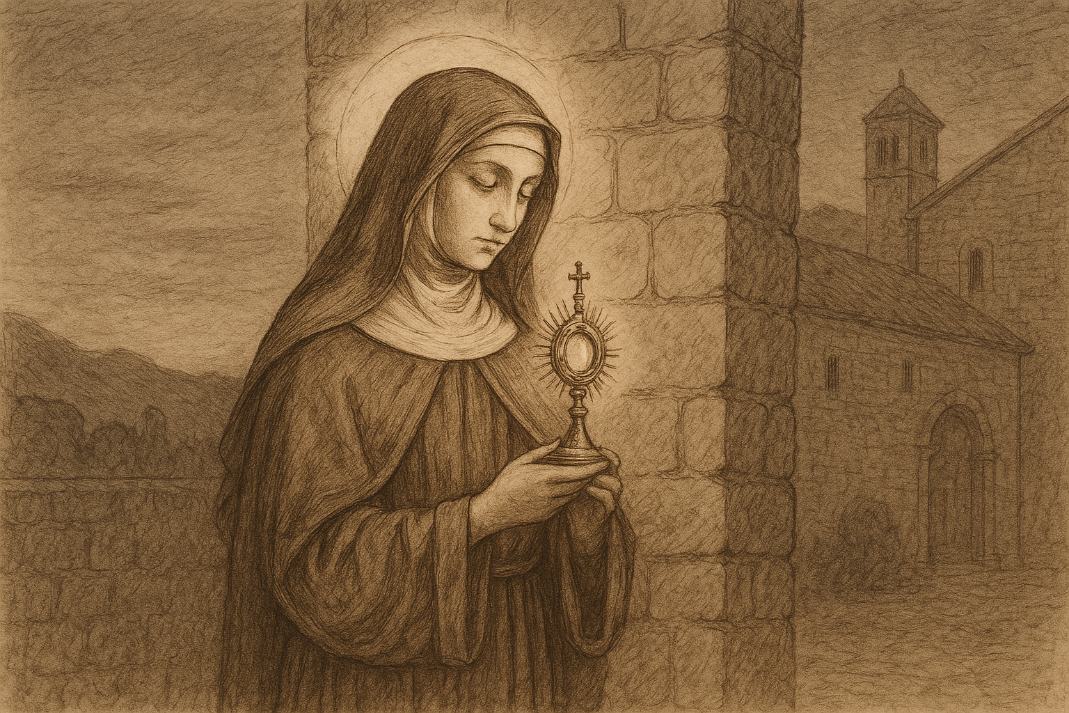 Sketch-style depiction of St. Clare of Assisi in prayerful devotion before the Eucharist