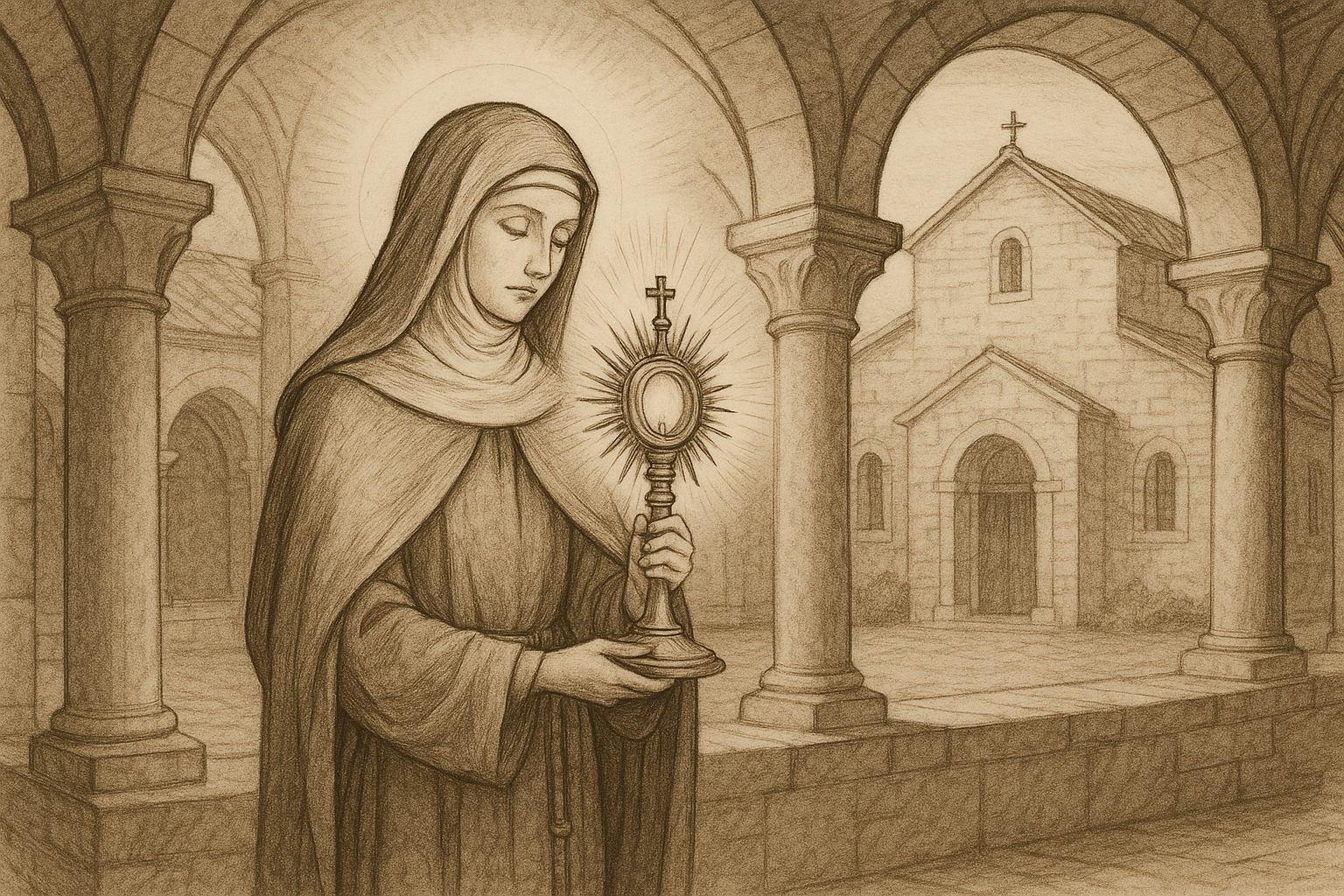 Sketch-style image of St. Clare of Assisi praying with the Blessed Sacrament in a Franciscan convent