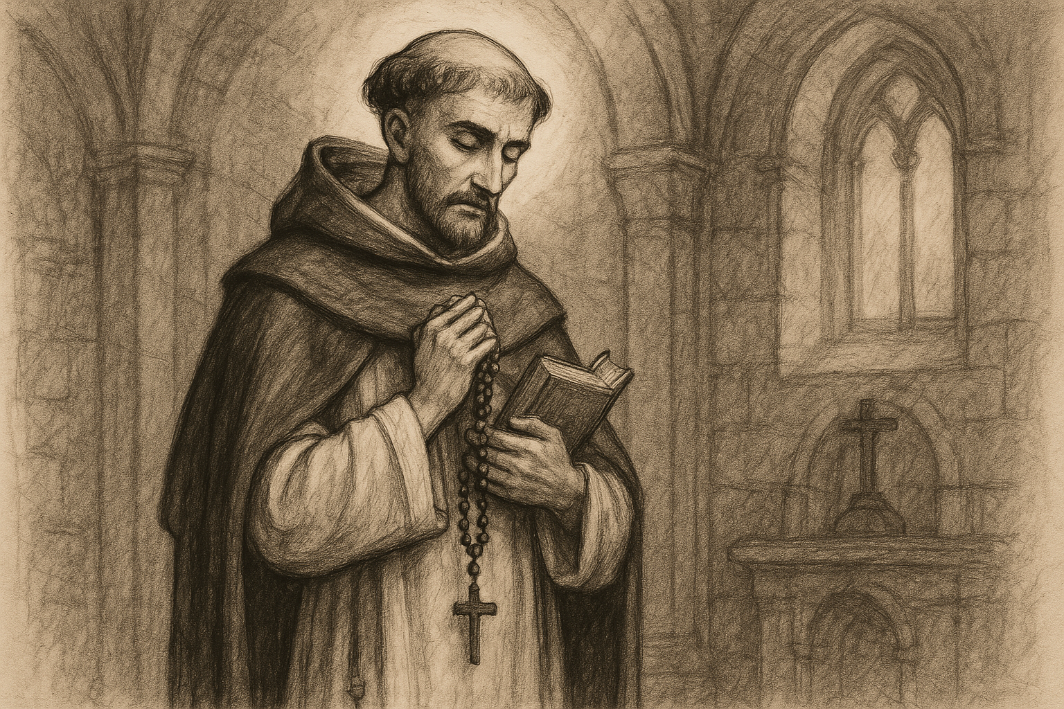 Sketch-style image of St. Dominic praying with a rosary and Gospel book in a quiet chapel