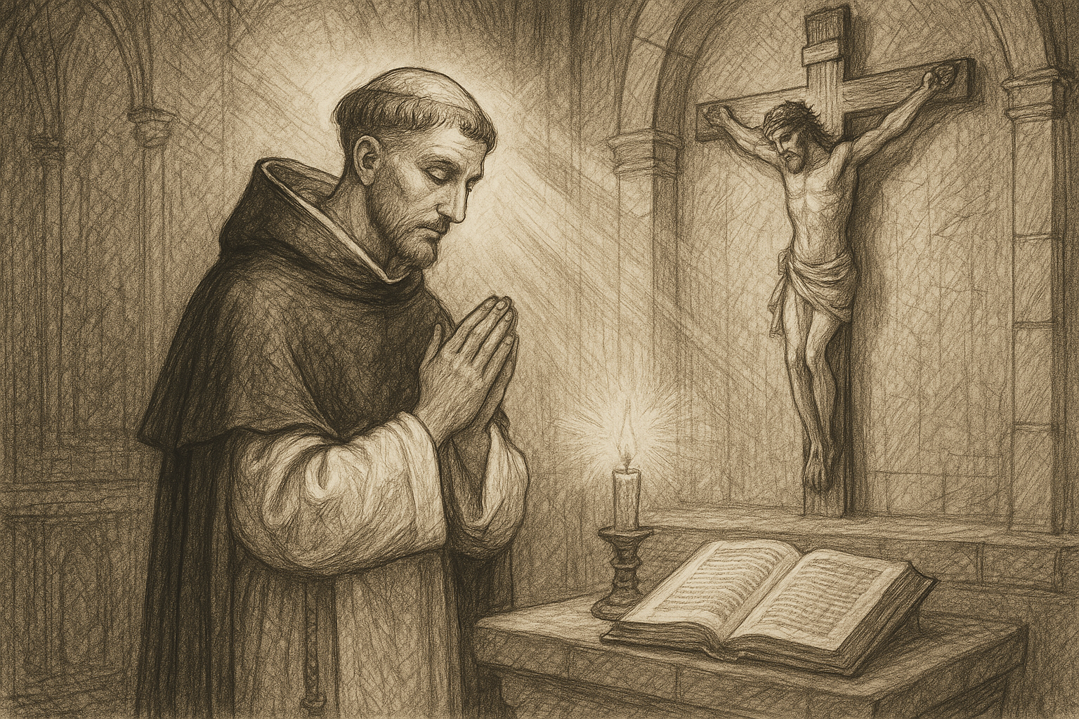 Sketch-style illustration of St. Dominic praying with an open book and crucifix in a quiet chapel