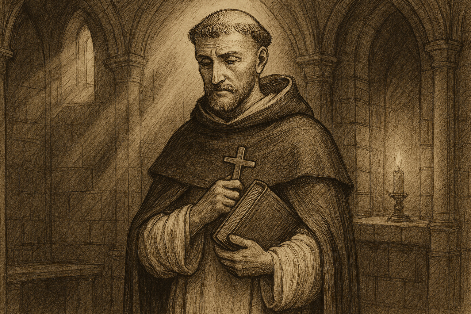 Sketch-style image of St. Dominic in Dominican habit holding a book and cross in a candlelit chapel