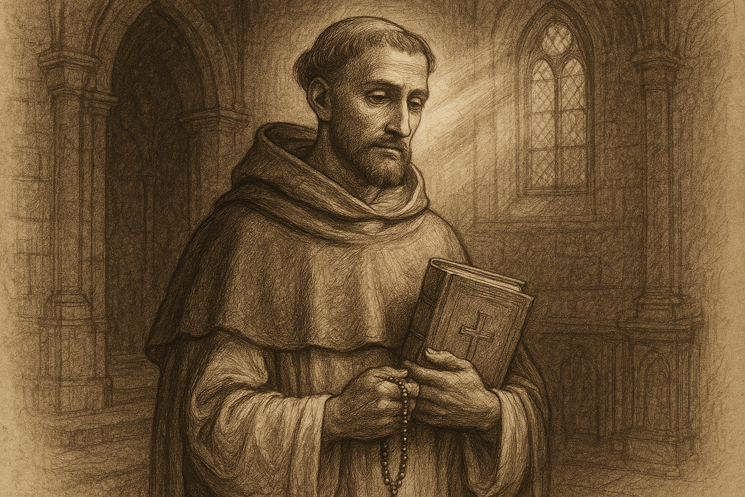 Sketch-style devotional image of St. Dominic holding a Gospel book and rosary in a reverent church setting