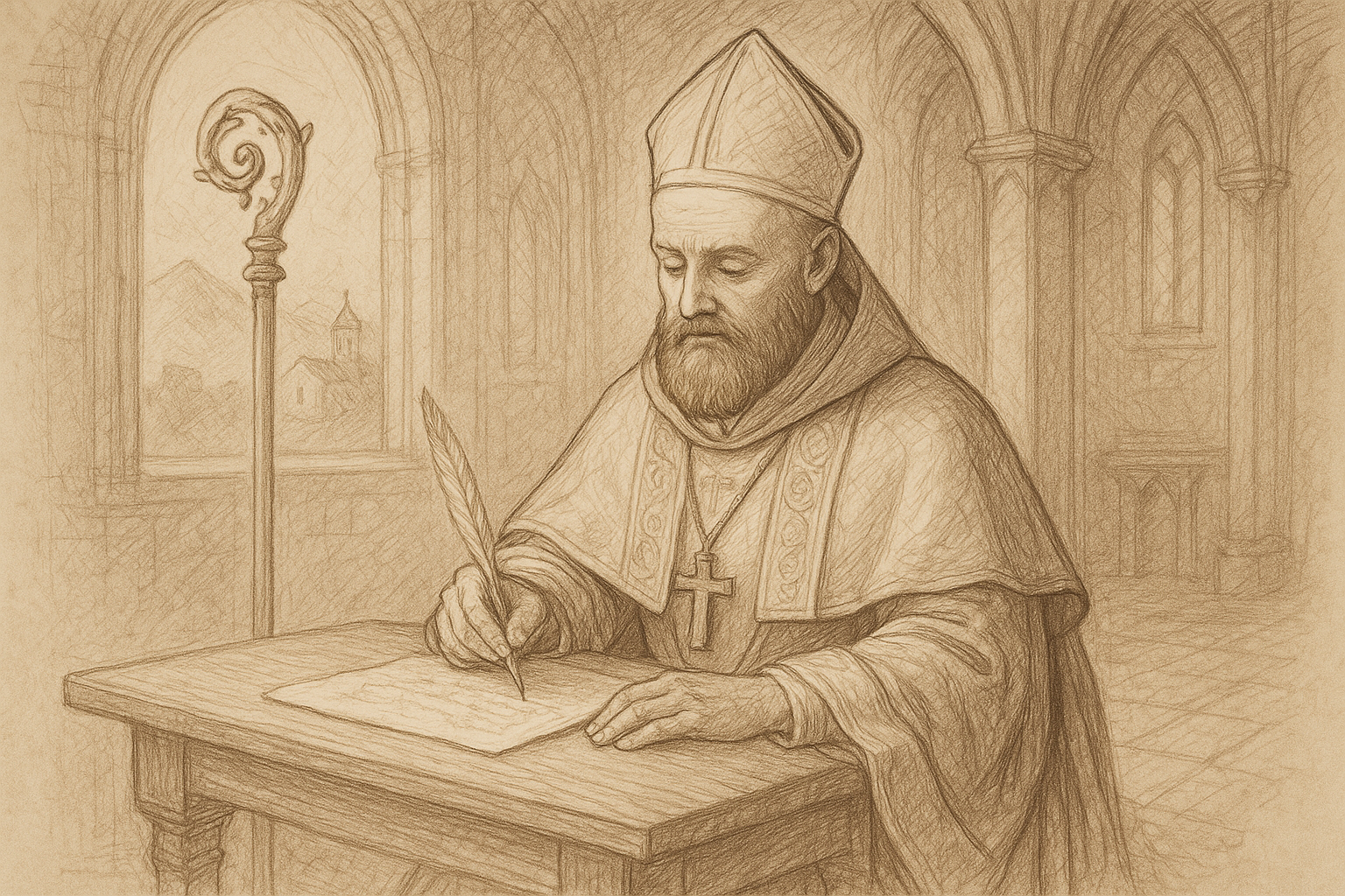 Sketch-style image of St. Francis de Sales writing in a chapel, shown as a gentle Catholic bishop