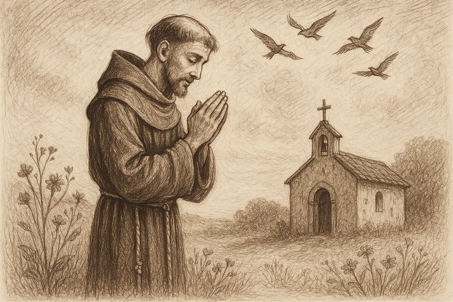 Sketch-style image of St. Francis of Assisi in prayer beside a chapel with birds and wild flowers