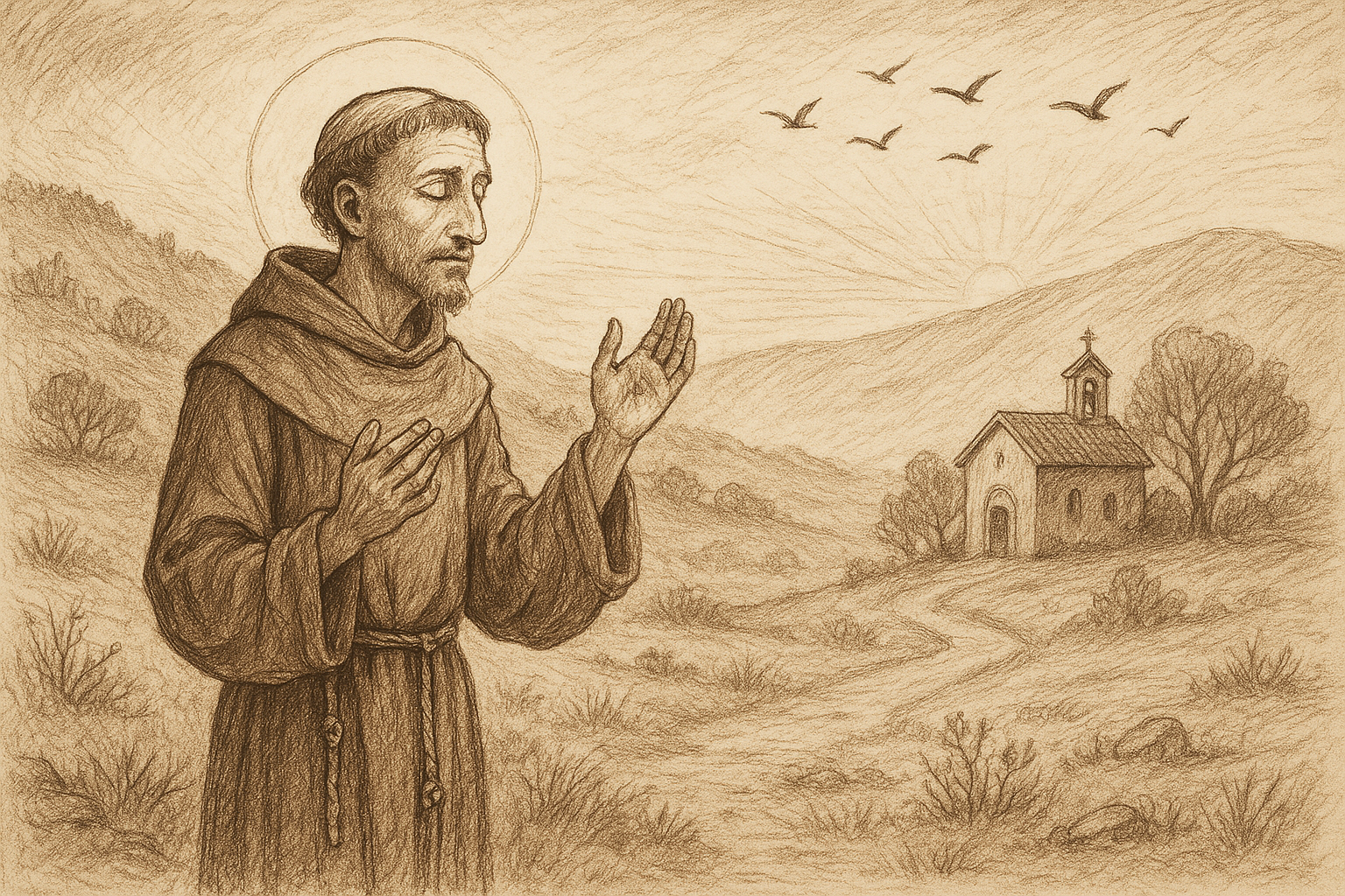 Sketch-style sacred image of St. Francis of Assisi praying in a simple hillside setting at dawn