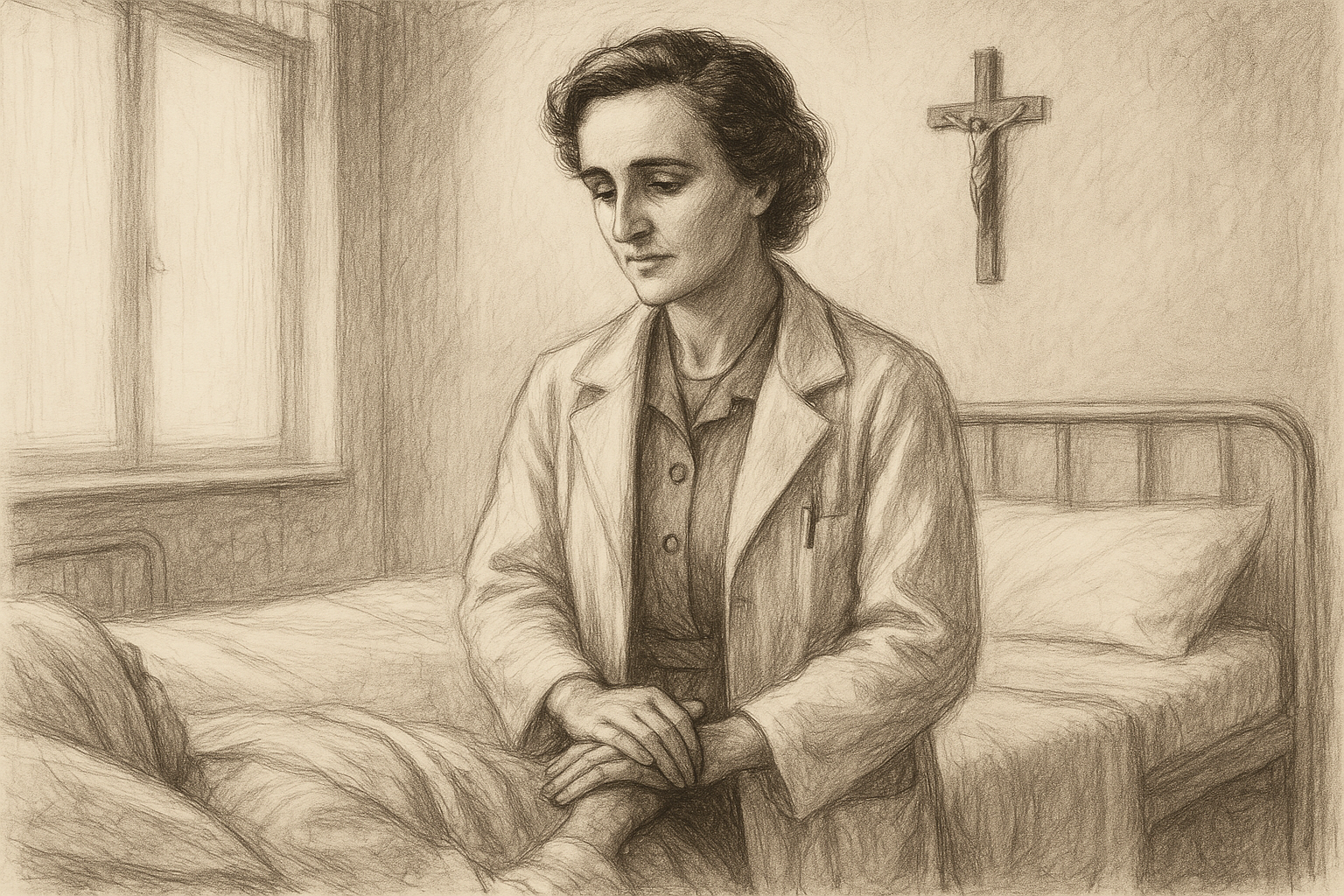A reverent sketch-style image of St. Gianna Molla in a hospital setting, symbolizing faith, medicine, and maternal sacrifice