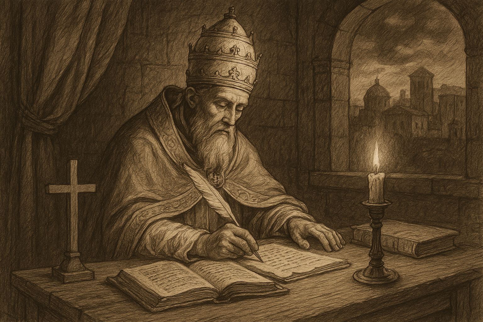 Sketch-style portrait of St. Gregory the Great writing in a candlelit chamber