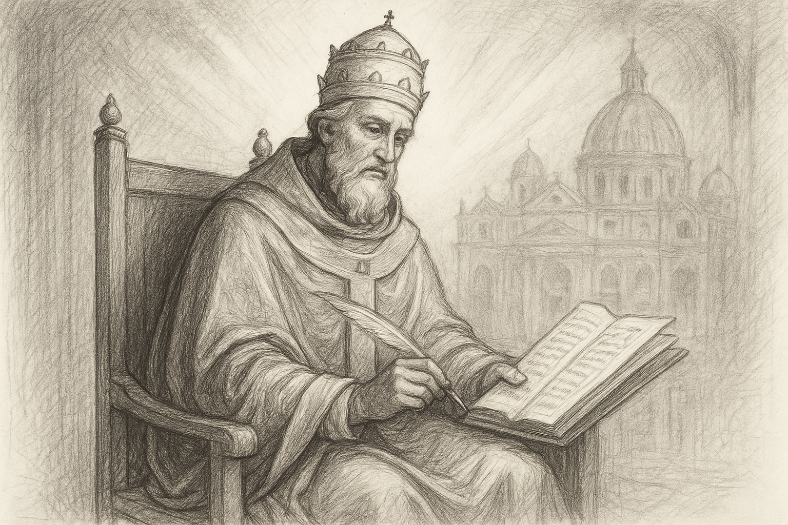 Sketch-style illustration of St. Gregory the Great with manuscript and papal imagery in a reverent sacred setting
