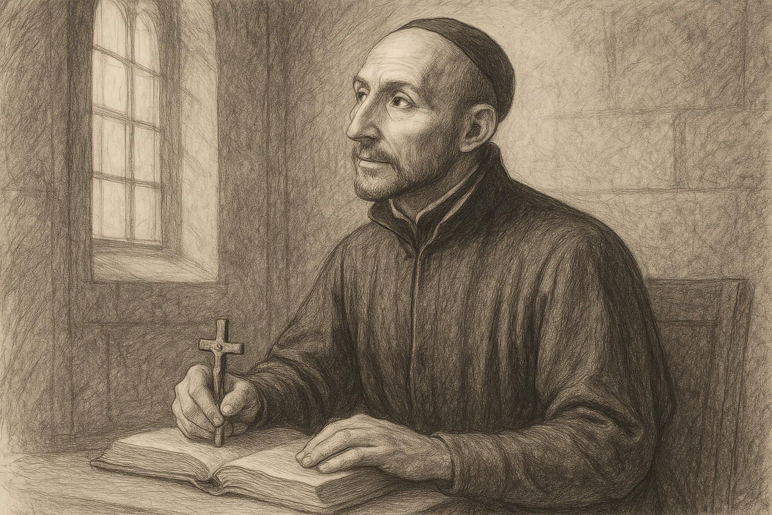 Sketch-style portrait of St. Ignatius of Loyola praying with an open book in a chapel
