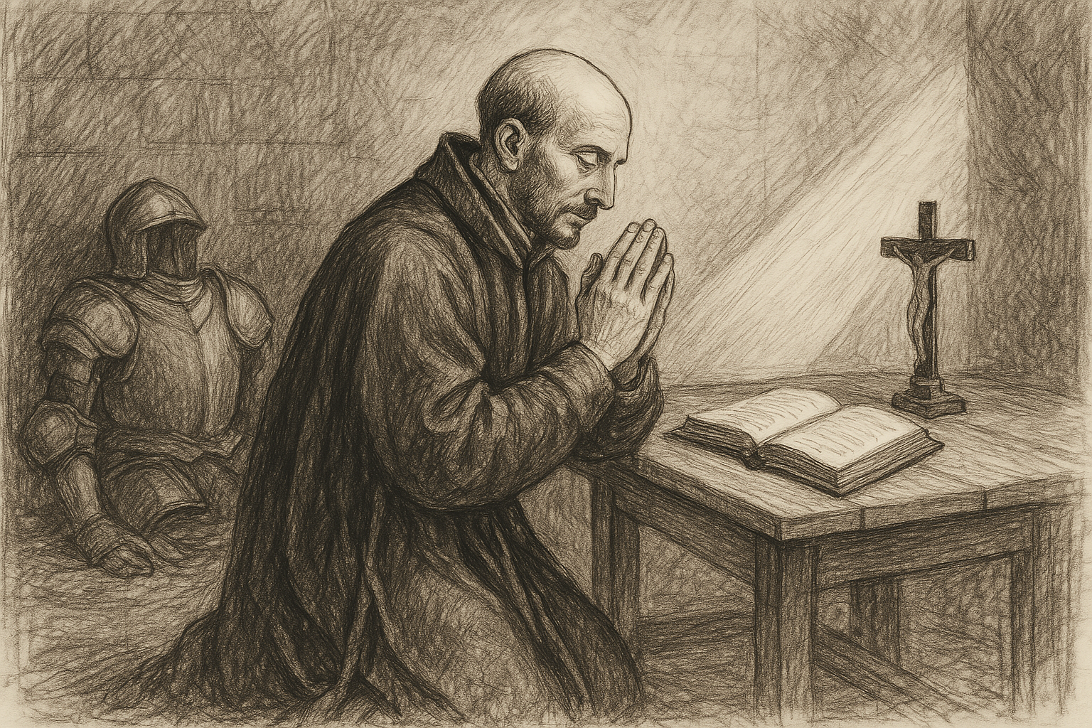 Sketch-style illustration of St. Ignatius of Loyola praying beside a desk with armor set aside in the background