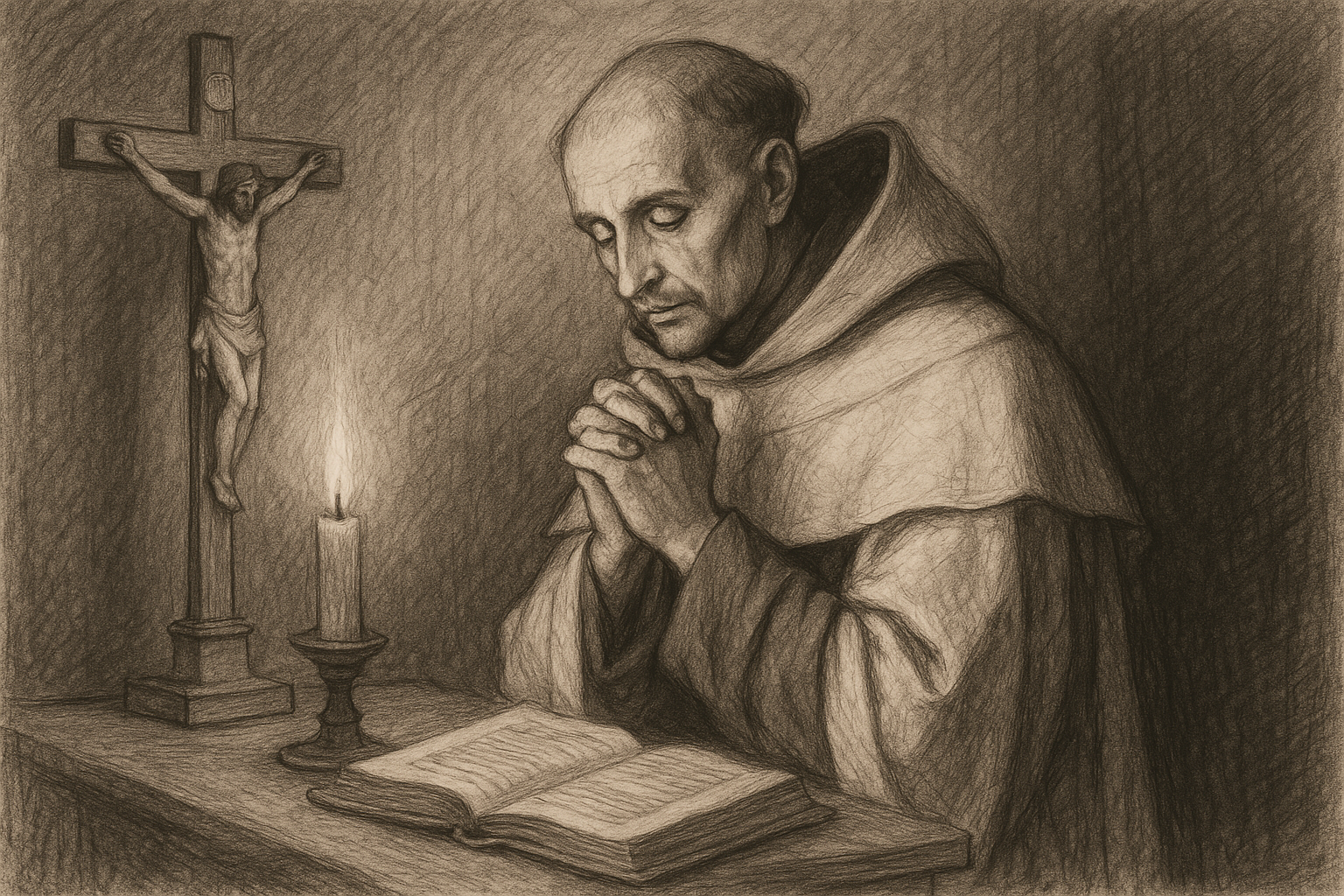 Sketch-style portrait of St. John of the Cross in prayer beside a crucifix and manuscript