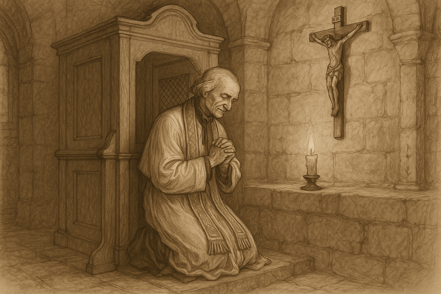 Sketch-style image of St. John Vianney praying in a parish confessional with candlelight and a crucifix