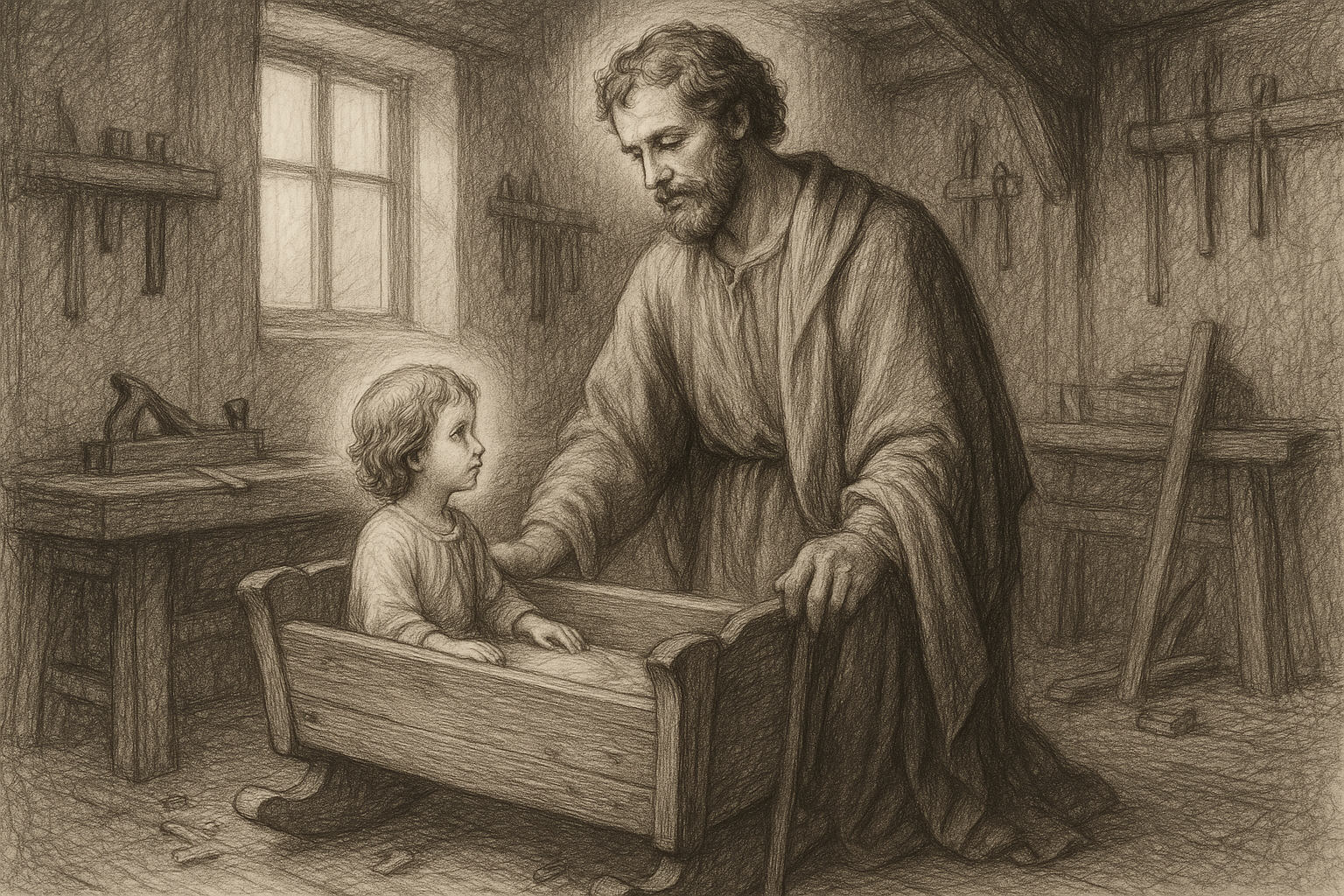 Sketch-style image of St. Joseph in a humble workshop beside the Child Jesus, rendered in a reverent Catholic style