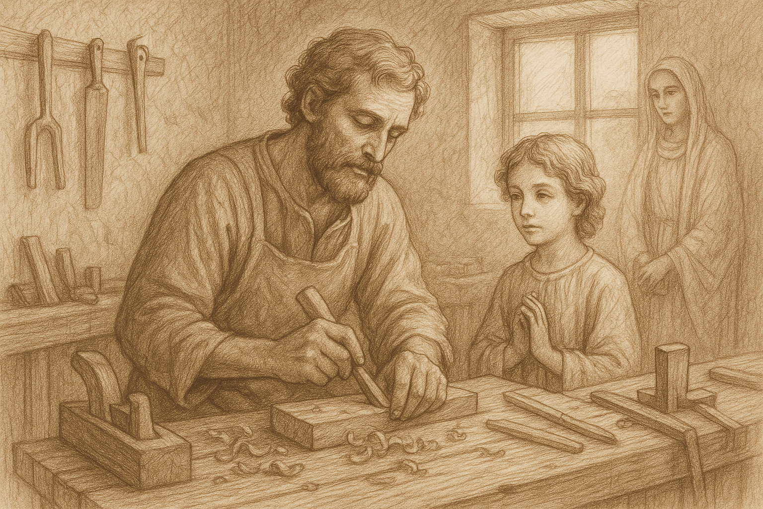 Sketch-style image of St. Joseph in a humble workshop with Jesus and Mary, rendered in a reverent Catholic devotional style.