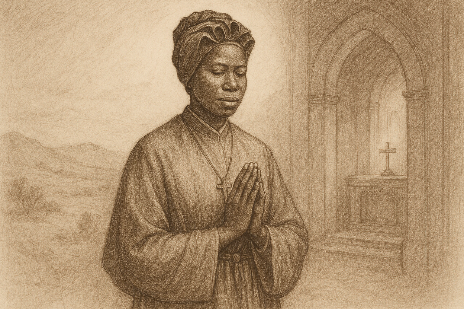 Sketch-style portrait of St. Josephine Bakhita in prayerful calm